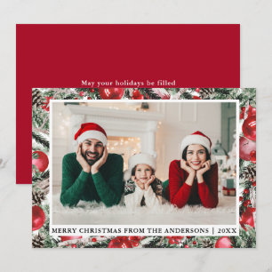 Cartes Pour Fêtes Annuelles Aquarelle Pins Ornements Photo Noël Rouge