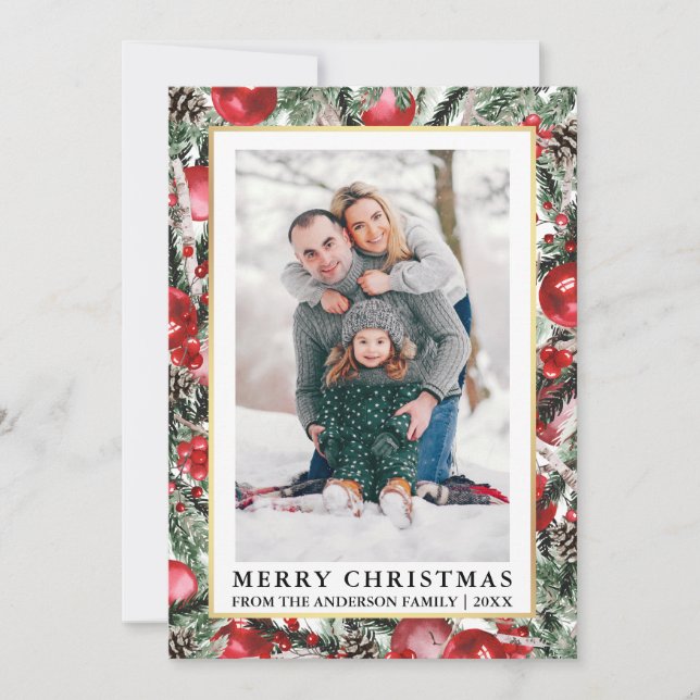 Cartes Pour Fêtes Annuelles Aquarelle Pins Rouge ornements de Noël Photo (Devant)