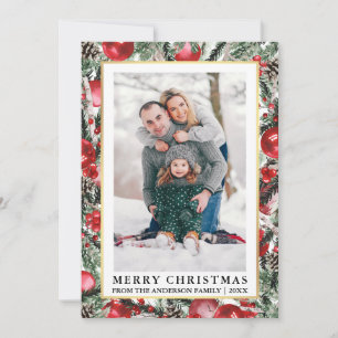 Cartes Pour Fêtes Annuelles Aquarelle Pins Rouge ornements de Noël Photo