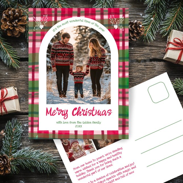 Cartes Pour Fêtes Annuelles Aquarelle Plaid Christmas Custom Arche 3 Photo (Watercolor Plaid Rustic Minimalist Christmas Arched Photo 3 Photo CUSTOM Holiday Postcard
)