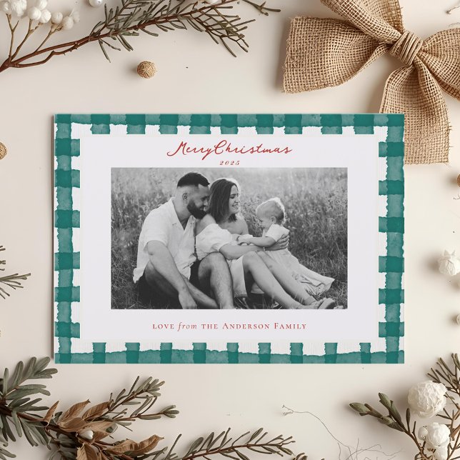 Cartes Pour Fêtes Annuelles Aquarelle Plantée à deux côtés Famille photo Noël (Créateur téléchargé)