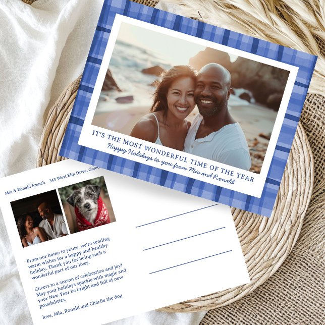 Cartes Pour Fêtes Annuelles Aquarelle Plantée artisanale Noël personnalisé 3 p (Watercolor Blue Plaid Handmade Christmas Custom 3 Photo Holiday Postcard
)