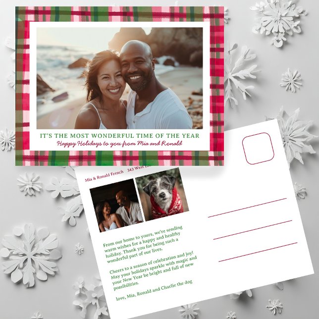 Cartes Pour Fêtes Annuelles Aquarelle Plantée artisanale Noël personnalisé 3 p (Watercolor Plaid Rustic Handmade Christmas Custom 3 Photo Holiday Postcard
)