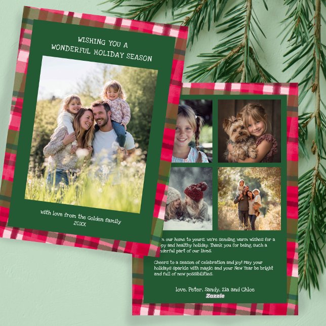 Cartes Pour Fêtes Annuelles Aquarelle Plantée artisanale Noël personnalisé 5 p (Watercolor Plaid Handmade Rustic Christmas Custom 5 Photo Family Holiday Card
)