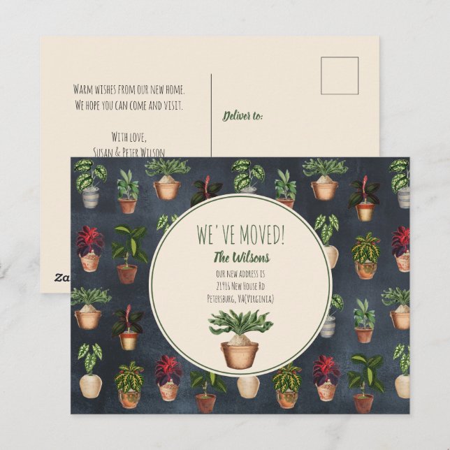 Cartes Pour Fêtes Annuelles Aquarelle Plantes pointillés Nous avons déménagé N (Devant / Derrière)