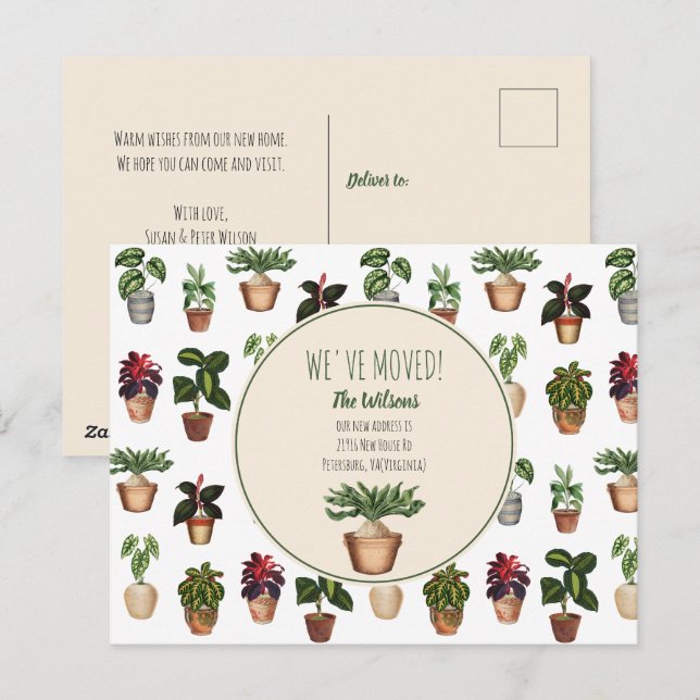 Cartes Pour Fêtes Annuelles Aquarelle Plantes pointillés Nous avons déménagé N (Devant / Derrière)