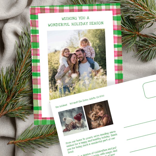 Cartes Pour Fêtes Annuelles Aquarelle Plat rose Noël Personnalisé 3 Photo (Watercolor Plaid Pink Green Christmas Custom 3 Photo Holiday Postcard
)