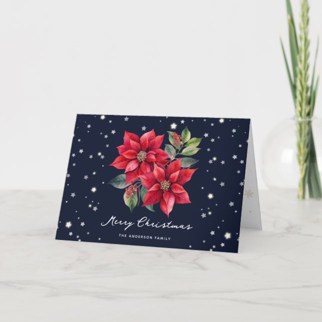 Cartes Pour Fêtes Annuelles Aquarelle Poinsettia Bleu Photo Joyeux Noël (Devant)