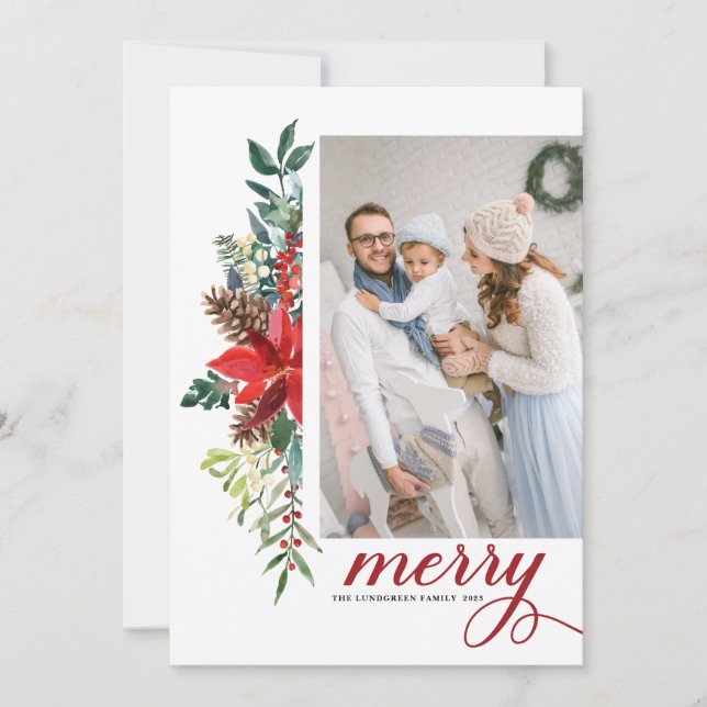 Cartes Pour Fêtes Annuelles Aquarelle Poinsettia Botanique de Noël Photo (Devant)