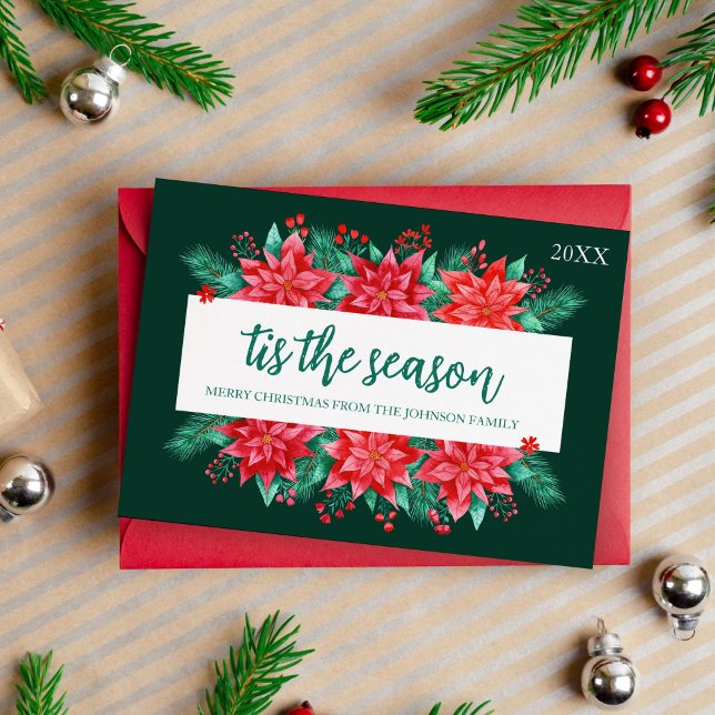 Cartes Pour Fêtes Annuelles Aquarelle Poinsettia Botanique Floral Noël (Watercolor Poinsettia Botanical Floral Christmas Holiday Card)