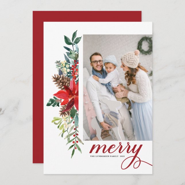 Cartes Pour Fêtes Annuelles Aquarelle Poinsettia Botanique Joyeux Noël (Devant / Derrière)