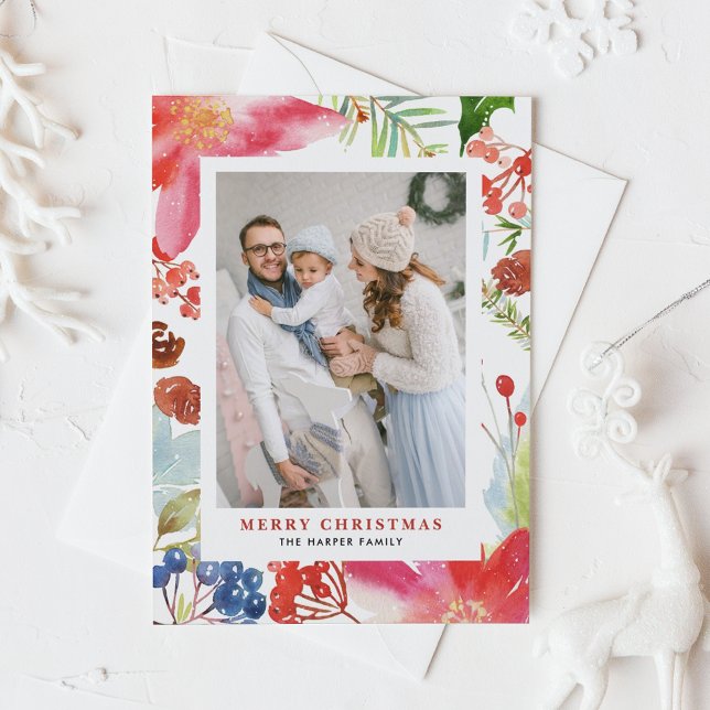 Cartes Pour Fêtes Annuelles Aquarelle Poinsettia Cadre Floral Photo Noël (Créateur téléchargé)