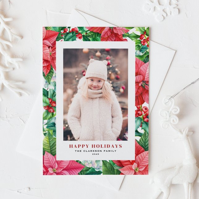 Cartes Pour Fêtes Annuelles Aquarelle Poinsettia et Holly Photo Noël (Watercolor Poinsettia and Holly Photo Christmas Holiday Card)