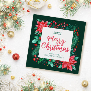 Cartes Pour Fêtes Annuelles Aquarelle Poinsettia, Holly et Pine Christmas