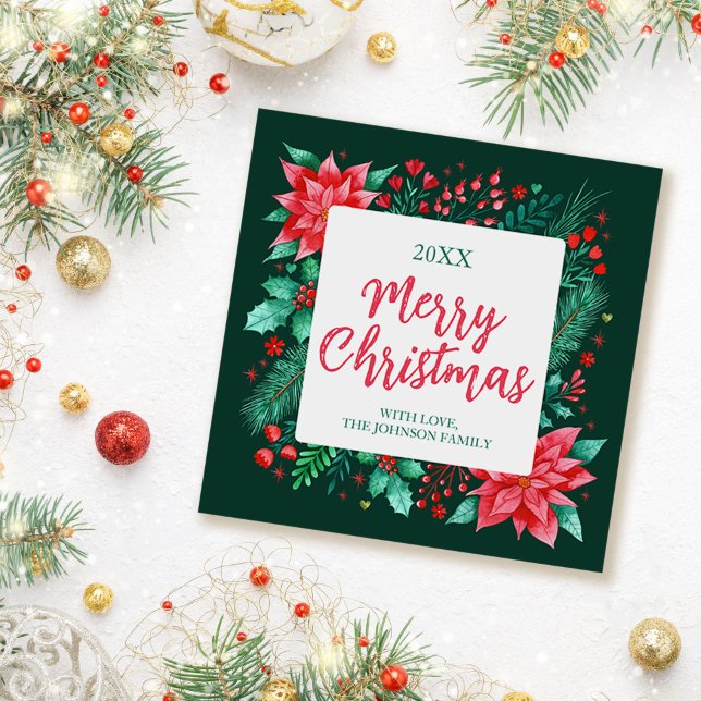 Cartes Pour Fêtes Annuelles Aquarelle Poinsettia, Holly et Pine Christmas (Watercolor Poinsettia, Holly and Pine Christmas Holiday Card)