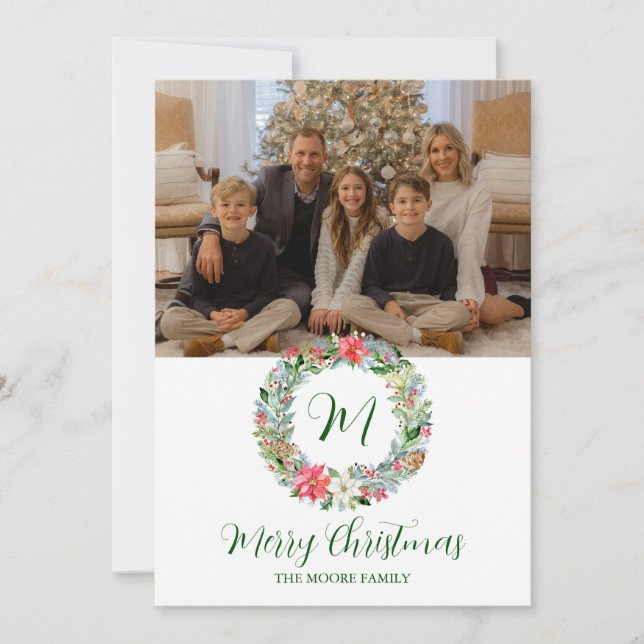 Cartes Pour Fêtes Annuelles Aquarelle Poinsettia monogramme de couronne de Noë (Devant)