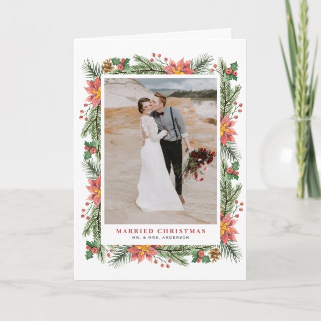 Cartes Pour Fêtes Annuelles Aquarelle Poinsettias Mariage cadre de Noël (Devant)