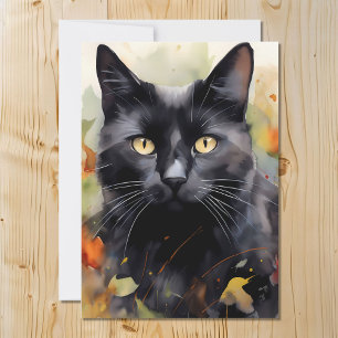 Cartes Pour Fêtes Annuelles Aquarelle Portrait Chat Noir À L'Automne