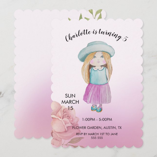 Cartes Pour Fêtes Annuelles Aquarelle poupée mignonne peinte à la main (Devant / Derrière)