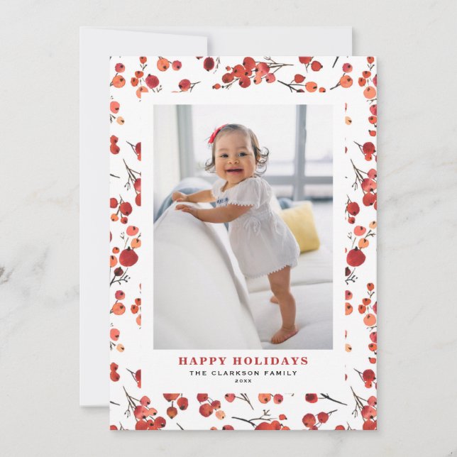 Cartes Pour Fêtes Annuelles Aquarelle Red Winterberry Happy Holidays Photo (Devant)