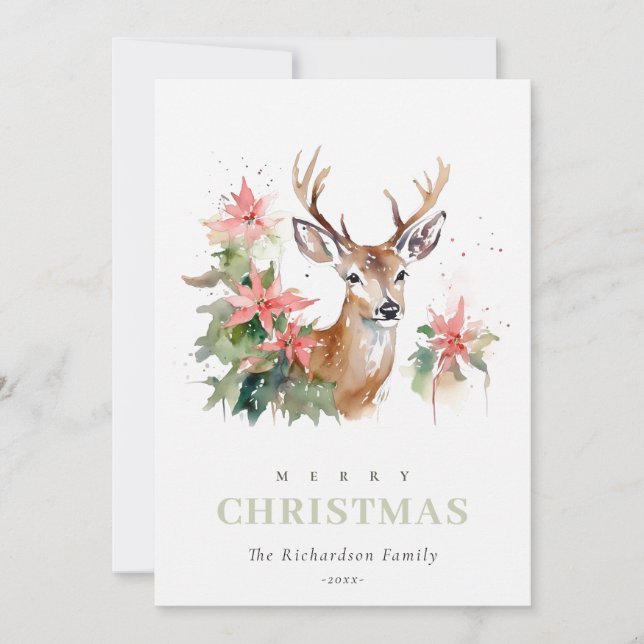 Cartes Pour Fêtes Annuelles Aquarelle Reindeer Poinsettia Folio de Noël (Devant)