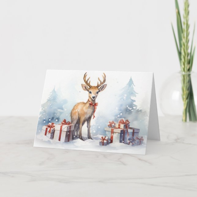 Cartes Pour Fêtes Annuelles Aquarelle renne de Noël avec cadeaux (Devant)