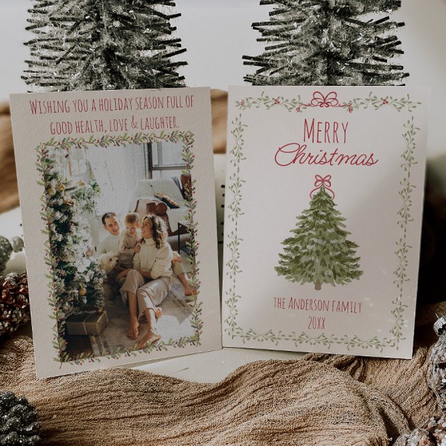 Cartes Pour Fêtes Annuelles Aquarelle rétro Rouge Vert sapin de Noël (Créateur téléchargé)