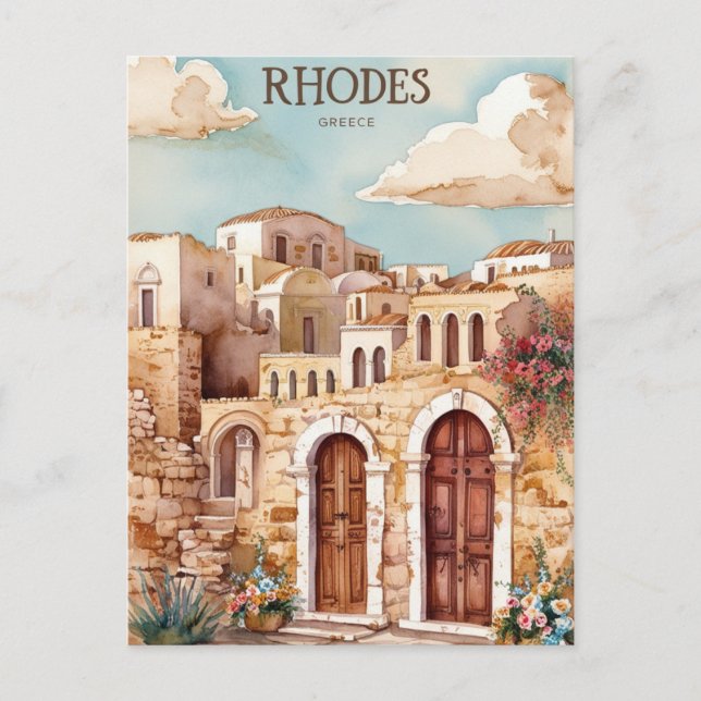 Cartes Pour Fêtes Annuelles Aquarelle Rhodes Grèce Affiche de voyage Mediterra (Devant)