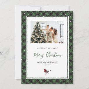 Cartes Pour Fêtes Annuelles Aquarelle Robin Vert Plaid Photo Neige Noël
