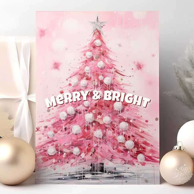 Cartes Pour Fêtes Annuelles Aquarelle rose Arbre de Noël Joyeux et lumineux (Créateur téléchargé)