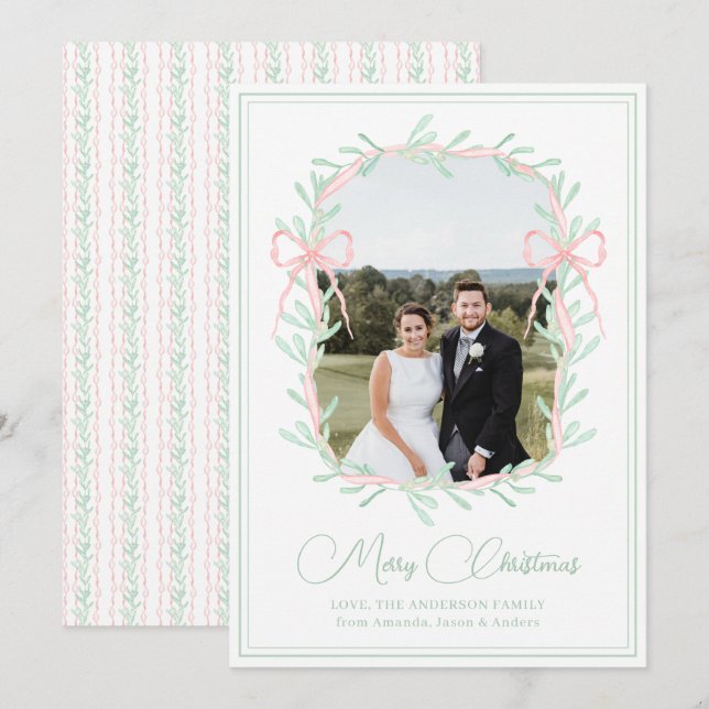 Cartes Pour Fêtes Annuelles Aquarelle rose Bow vert verdure Photo de Noël (Devant / Derrière)
