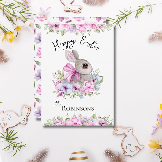 Cartes Pour Fêtes Annuelles Aquarelle rose et bleu Floral Joyeux lapin de Pâqu (Créateur téléchargé)