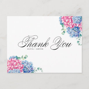 Cartes Pour Fêtes Annuelles Aquarelle rose et bleu Hydrangeas Merci