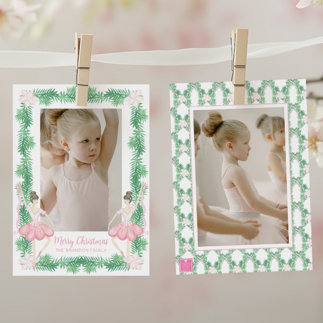 Cartes Pour Fêtes Annuelles Aquarelle rose et vert Noël Ballerinas Photo (Créateur téléchargé)