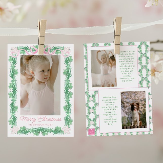 Cartes Pour Fêtes Annuelles Aquarelle rose et vert Noël Garland Photo (Créateur téléchargé)