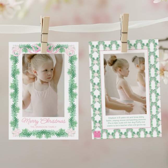 Cartes Pour Fêtes Annuelles Aquarelle rose et vert Noël Garland Photo (Créateur téléchargé)