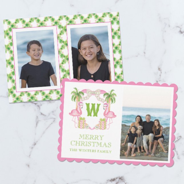 Cartes Pour Fêtes Annuelles Aquarelle rose Flamant rose de Noël Monogramme Cre (Créateur téléchargé)