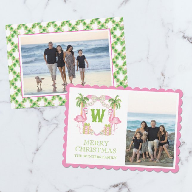 Cartes Pour Fêtes Annuelles Aquarelle rose Flamant rose de Noël Monogramme Cre (Créateur téléchargé)