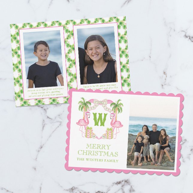 Cartes Pour Fêtes Annuelles Aquarelle rose Flamant rose de Noël Monogramme Cre (Créateur téléchargé)