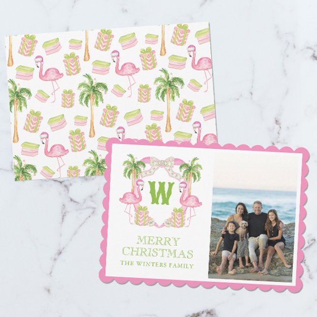 Cartes Pour Fêtes Annuelles Aquarelle rose Flamant rose de Noël Monogramme Cre (Créateur téléchargé)