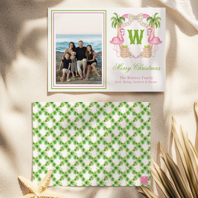 Cartes Pour Fêtes Annuelles Aquarelle rose Flamant rose Monogramme Crest Photo (Créateur téléchargé)