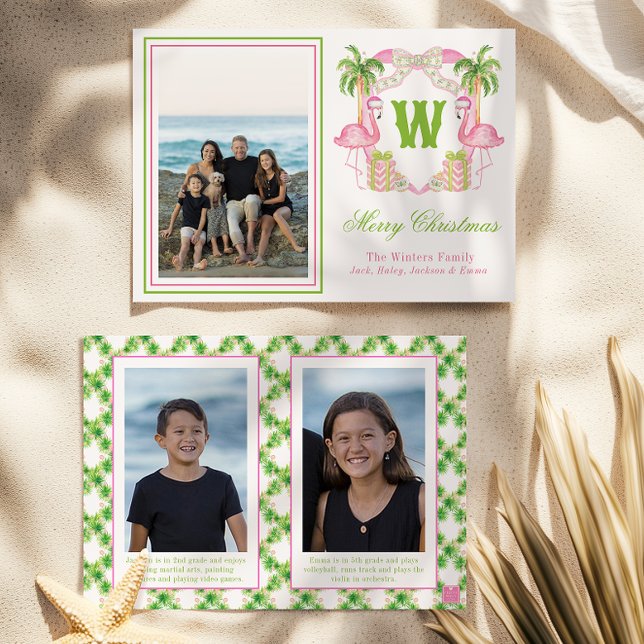 Cartes Pour Fêtes Annuelles Aquarelle rose Flamant rose Monogramme Crest Photo (Créateur téléchargé)