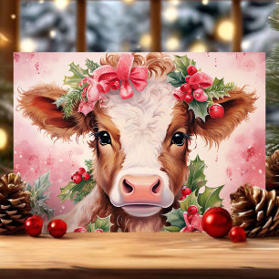 Cartes Pour Fêtes Annuelles Aquarelle rose Holly Baby Cow Noël