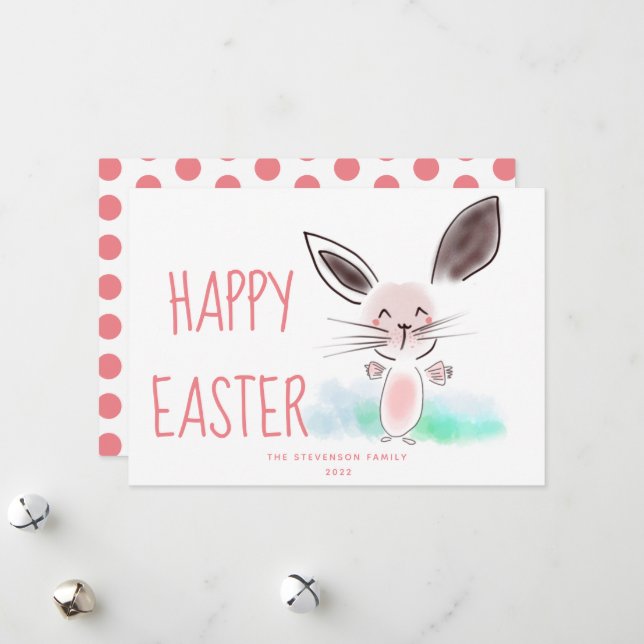 Cartes Pour Fêtes Annuelles Aquarelle rose mignonne lapin Joyeux Pâques (Devant/Arrière en situation)