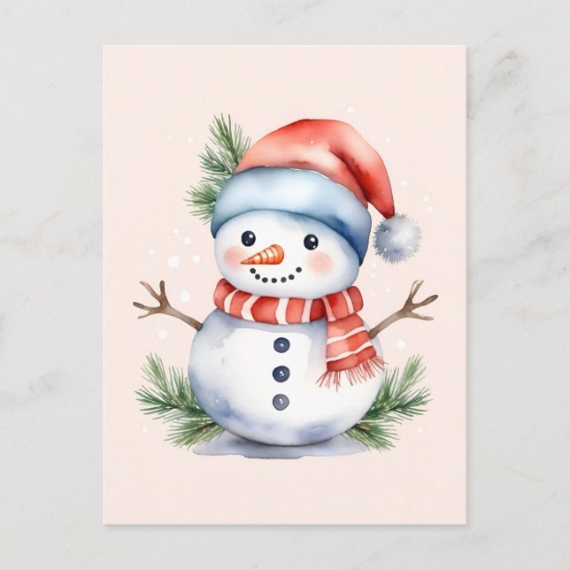 Cartes Pour Fêtes Annuelles Aquarelle rose mignonne Noël Snowman (Devant)