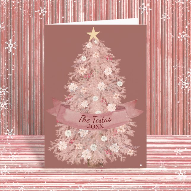 Cartes Pour Fêtes Annuelles Aquarelle rose pâle Floral Arbre de Noël plié (Créateur téléchargé)