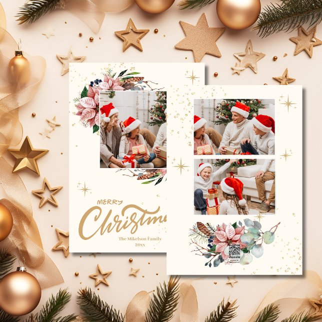 Cartes Pour Fêtes Annuelles Aquarelle rose Poinsettia Joyeux Noël Photo (Créateur téléchargé)