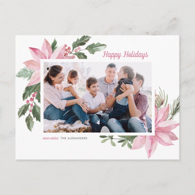 Cartes Pour Fêtes Annuelles Aquarelle rose Poinsettia photo du cadre (Devant)