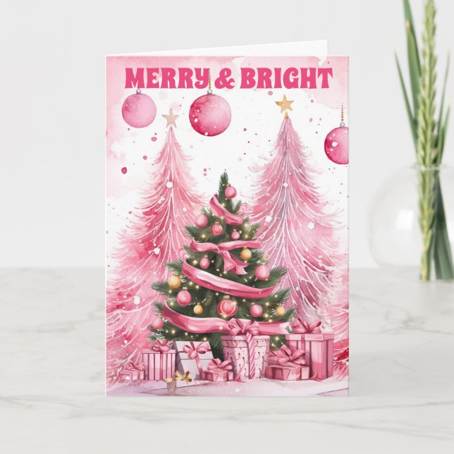 Cartes Pour Fêtes Annuelles Aquarelle rose sapin de Noël Joyeux et lumineux (Devant)