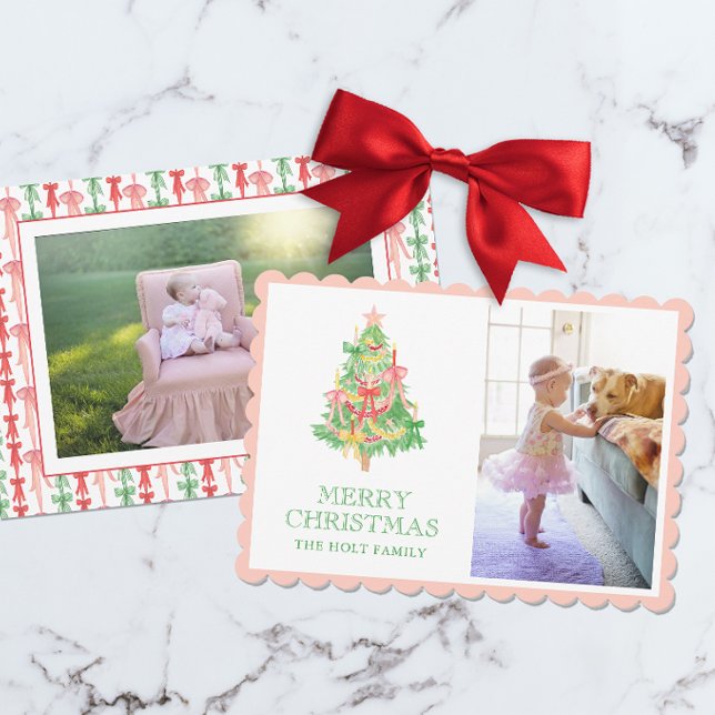Cartes Pour Fêtes Annuelles Aquarelle rose Vert Bois Coquette Photo de Noël (Créateur téléchargé)